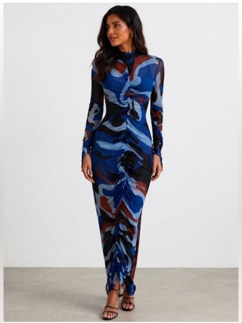 Mesh Ruched Abstract Print Midi Dress Long Sleeve Bodycon XXL NWT - Picture 4 of 4